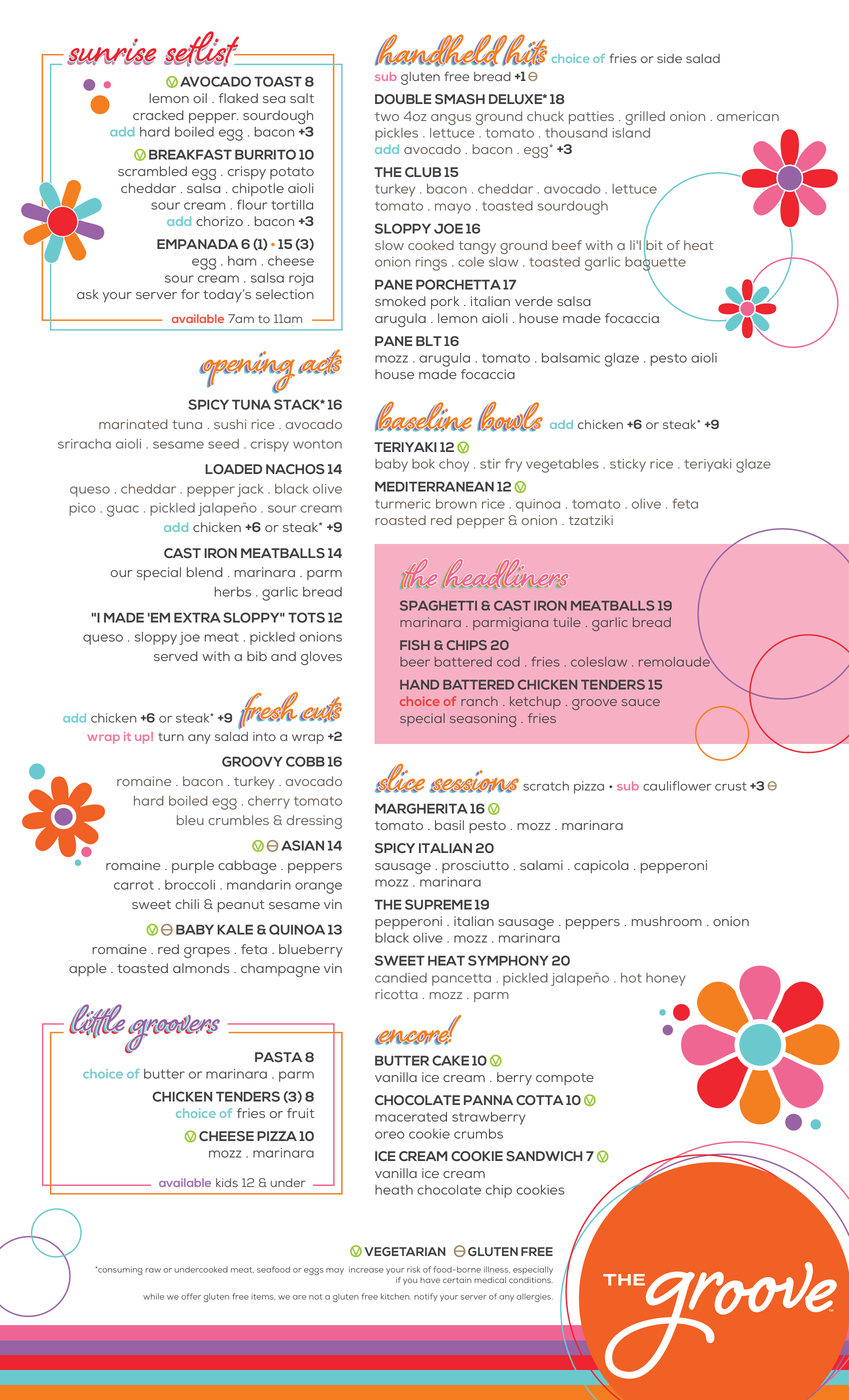 The Groove at Lyric menu, page 1 — breakfast, starters, salads, sandwiches, bowls, mains, and scratch pizza