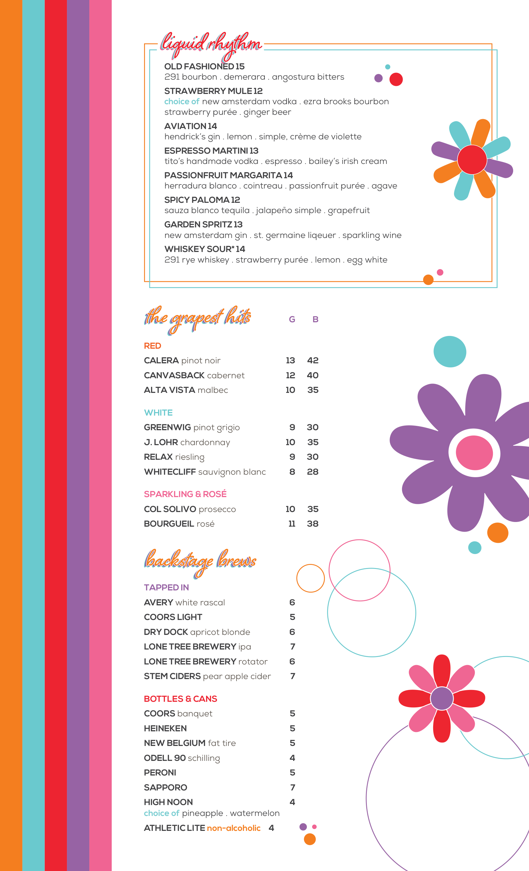 The Groove at Lyric menu, page 2 — cocktails, wine, and beer